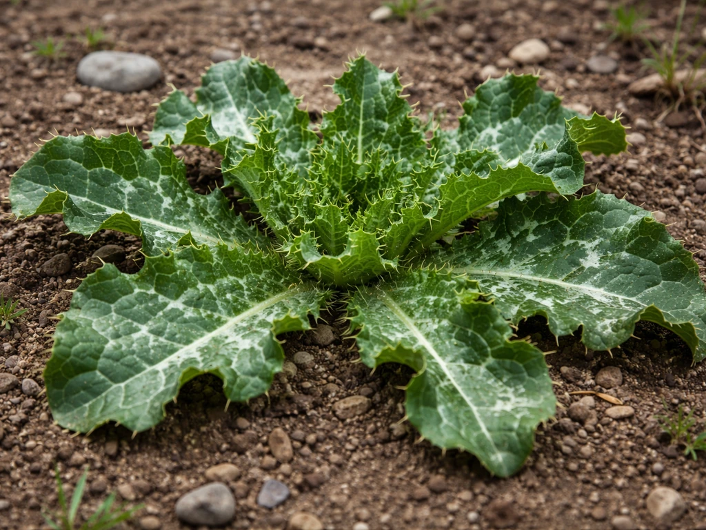 Young milk thistle basal rosette close-up with glossy green leaves and white marbled pattern