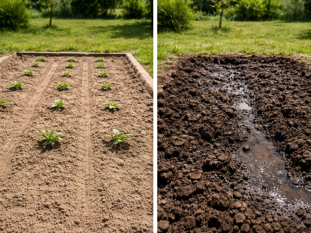 Side-by-side garden beds showing lean, well-drained soil with spaced plants versus rich, wet soil.