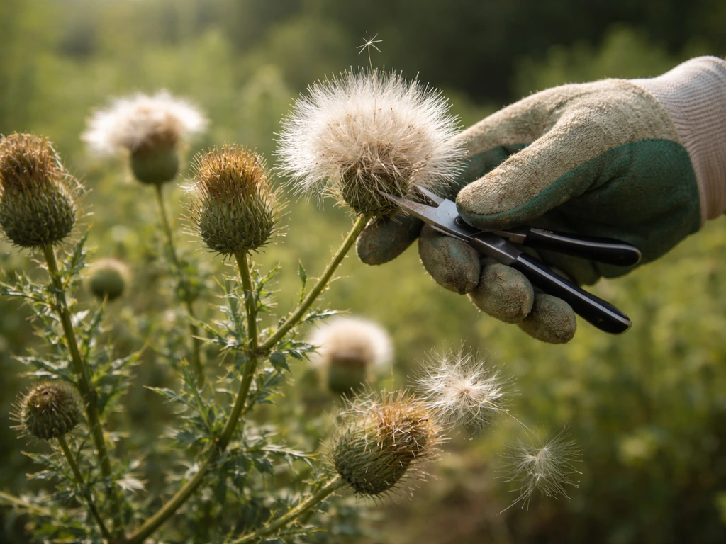 Close-up of milk thistle seed heads at different ripeness stages as ripe heads are being harvested by hand.