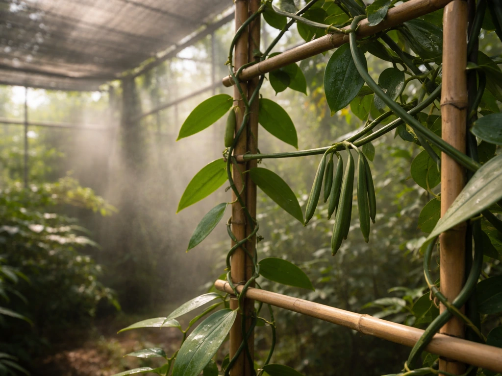 Vanilla bean orchid vine trained on a trellis inside a warm, humid greenhouse with visible mist.