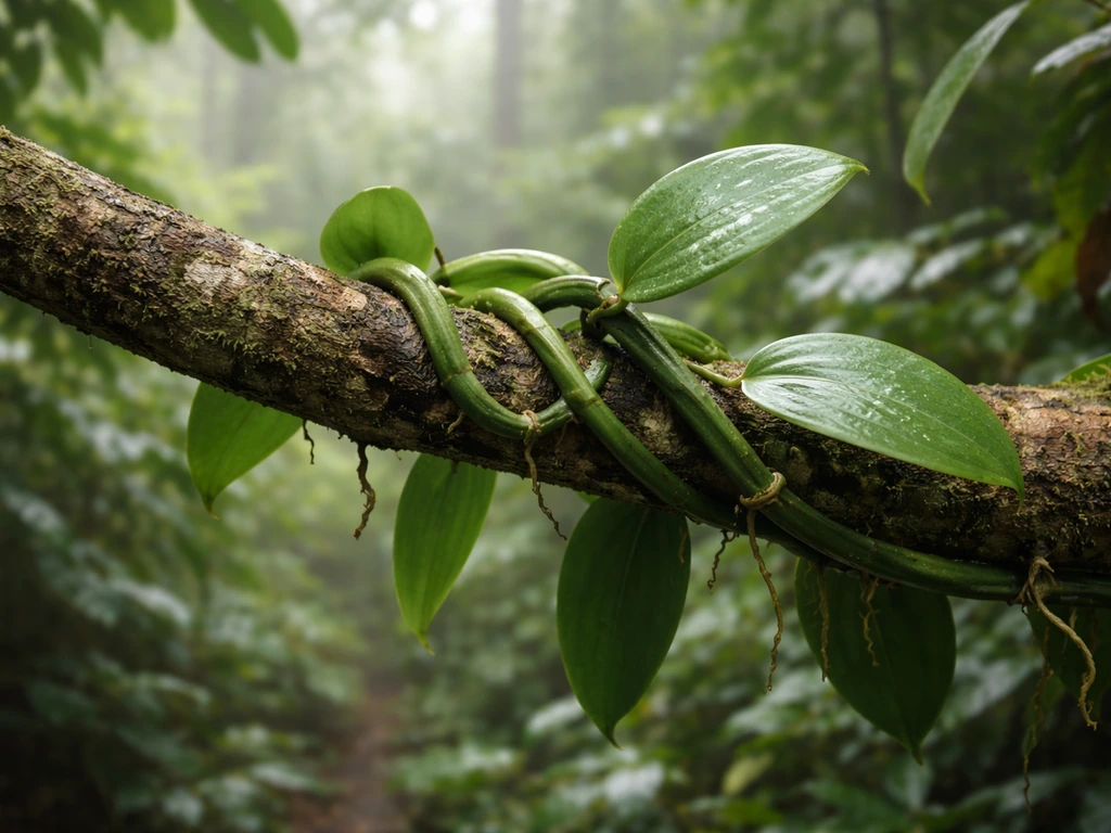 Humid shaded jungle understory with a vanilla vine climbing a rough tree branch, aerial roots visible.