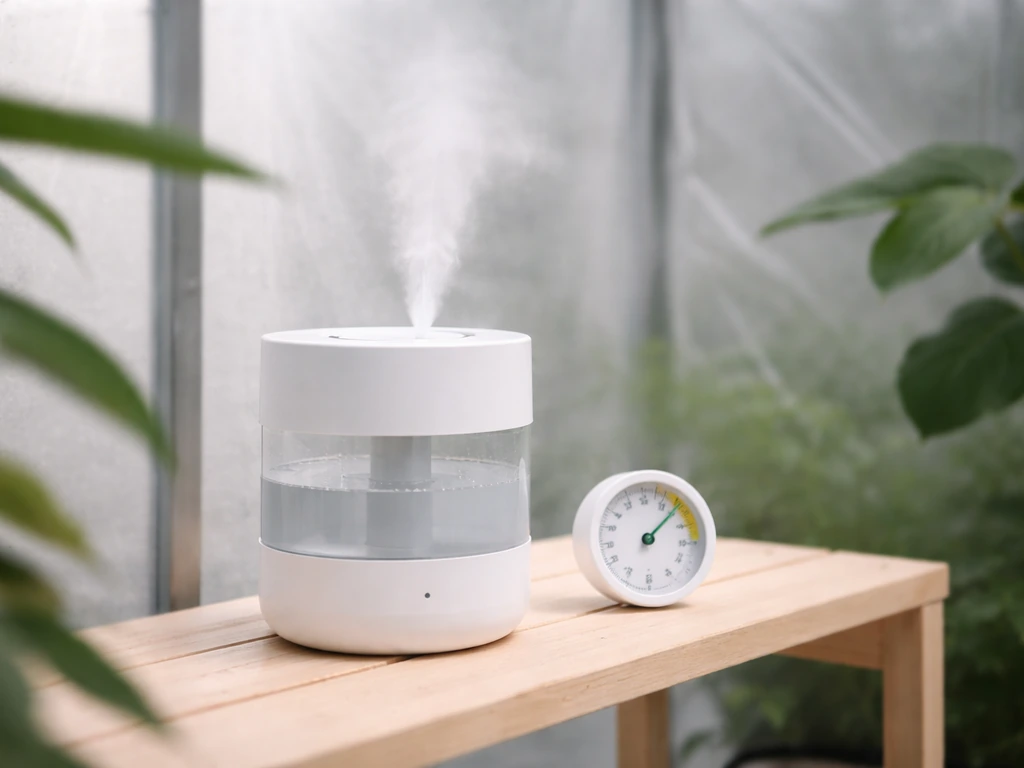 Greenhouse shelf humidifier emitting mist with a nearby humidity gauge and a few leaves softly blurred.