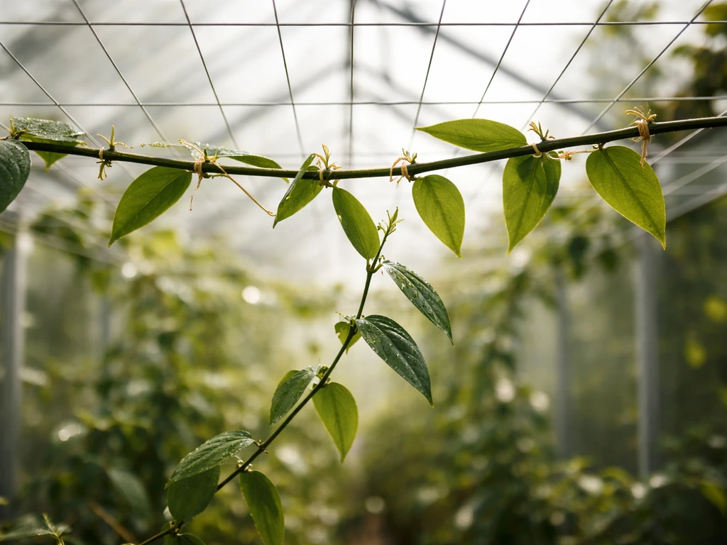 Greenhouse overhead wire trellis with a climbing vanilla vine trained and tied to support wires.