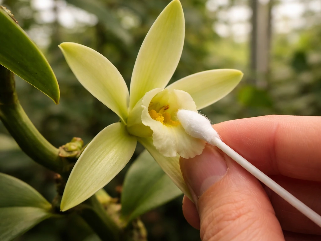 Close-up of hand-pollinating a vanilla orchid flower using a cotton swab at the anther and stigma.