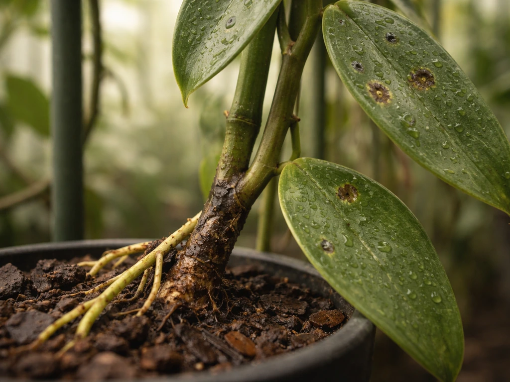 Close-up of vanilla vine stems and leaves in a humid greenhouse showing dark, early rot and fungal spots.