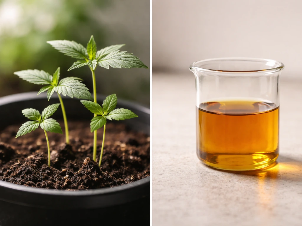 Split view of small hemp seedlings beside a clear lab container with amber oil droplets