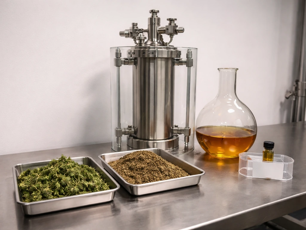 Minimal industrial bench with hemp biomass, closed extraction vessel, distillate container, and sealed amber sample vial
