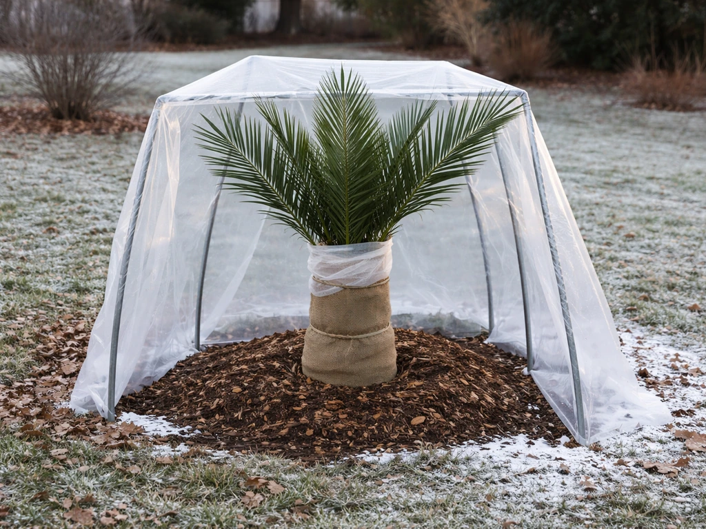 Date palm wrapped for winter in a mulched Virginia backyard with insulated cover, suggesting cold-hardiness.