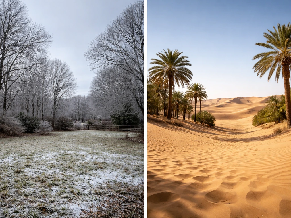 Virginia winter landscape beside a sunlit hot desert with date palms, contrasting frost and frost-free climates.