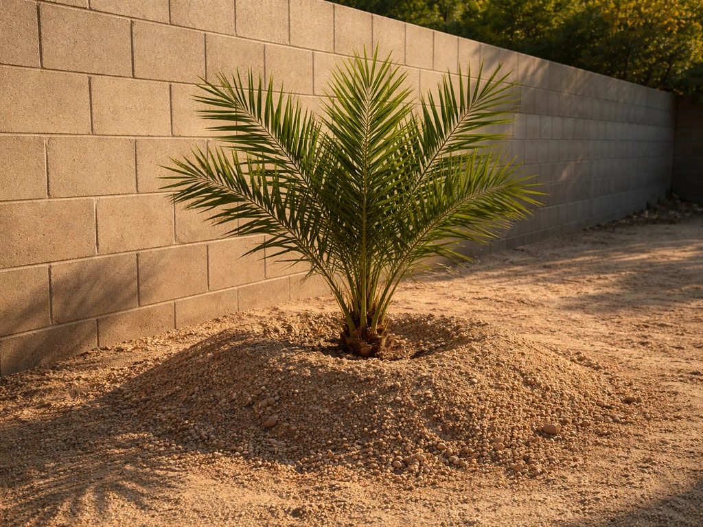 Date palm planted beside a warm masonry wall in a raised, well-draining bed with dry, sandy soil.