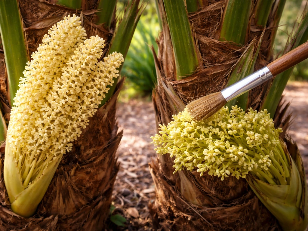 Backyard date palms with male and female flowers, hand-pollination using a soft brush on flowering clusters.