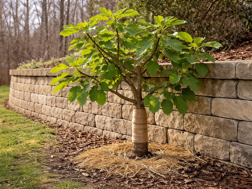 Cold-hardy fig tree thriving beside a warm wall in a Michigan backyard with a few figs visible.