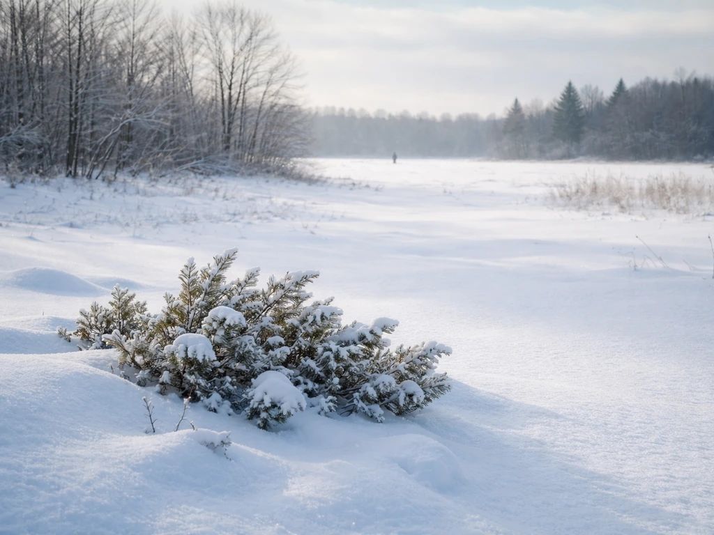 Minimal photo of snowy Michigan landscape with subtle zone cues implied by natural scenery