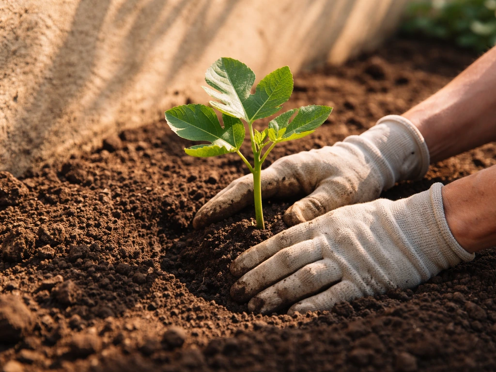 Hands placing a small fig plant into amended soil beside a warm south-facing garden wall