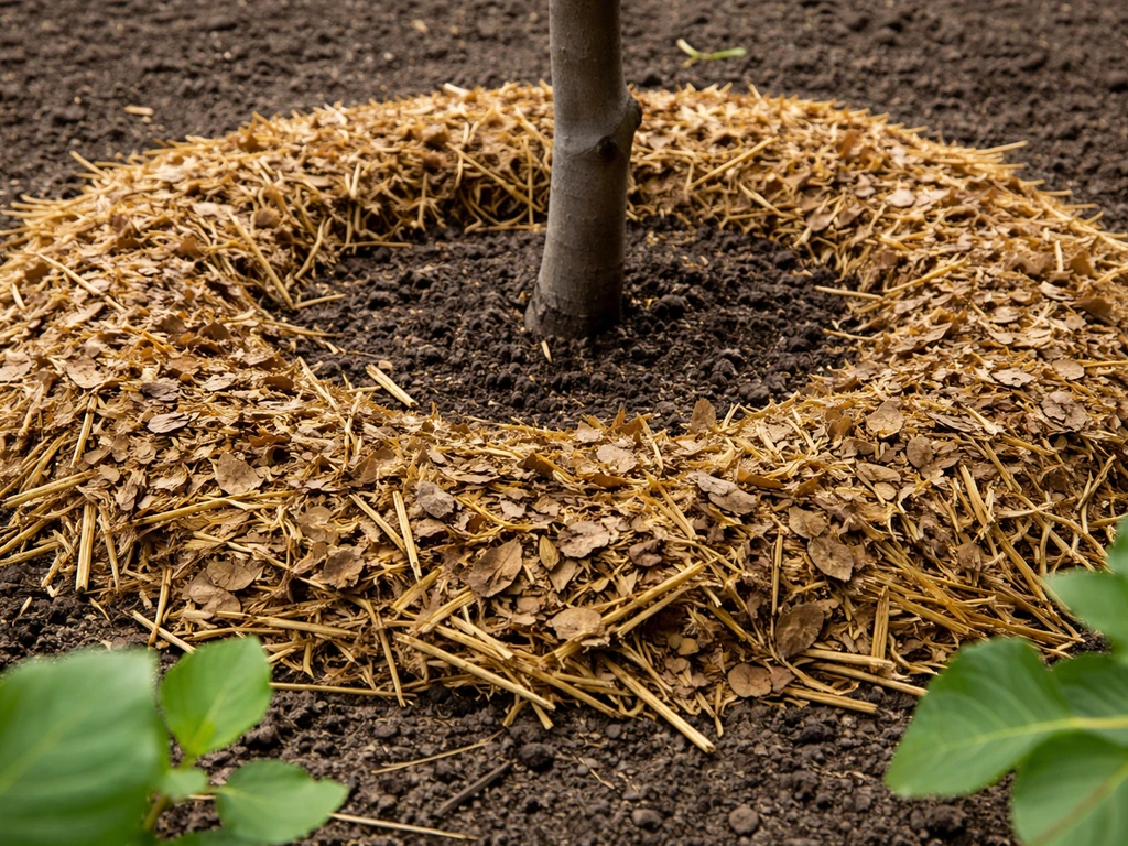 Thick straw and shredded leaves mulch layer around the base of an in-ground fig tree for heat retention
