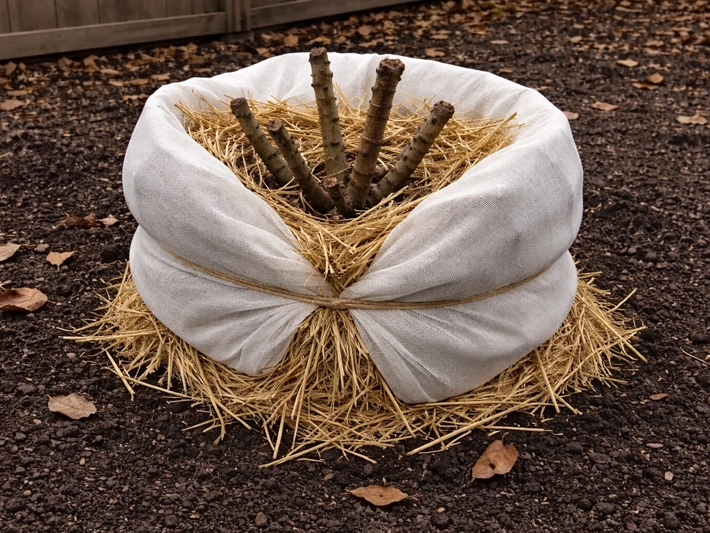Pruned in-ground fig plant wrapped for winter protection with straw and garden fabric