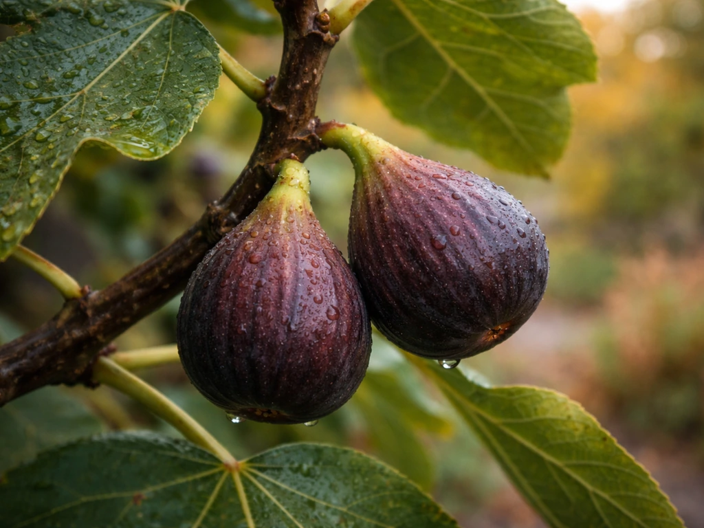 Ripe figs turning dark on a branch with autumn leaves softly blurred in the background.