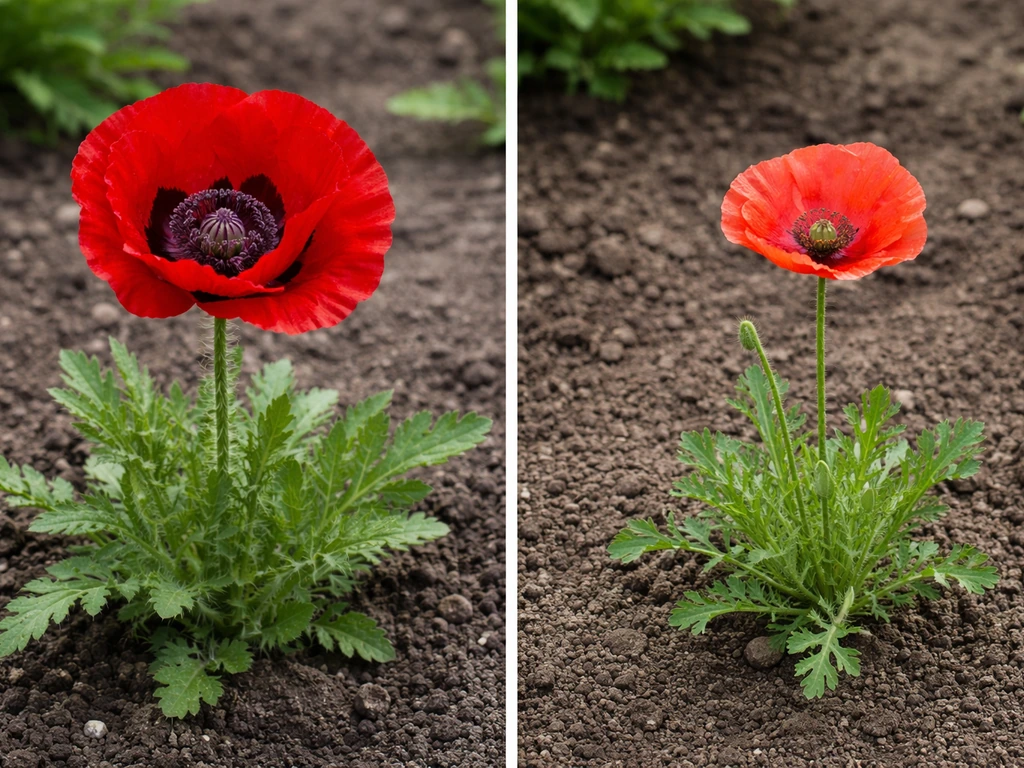 Side-by-side photo of red Oriental poppy bloom and a separate annual poppy flower in simple garden soil.