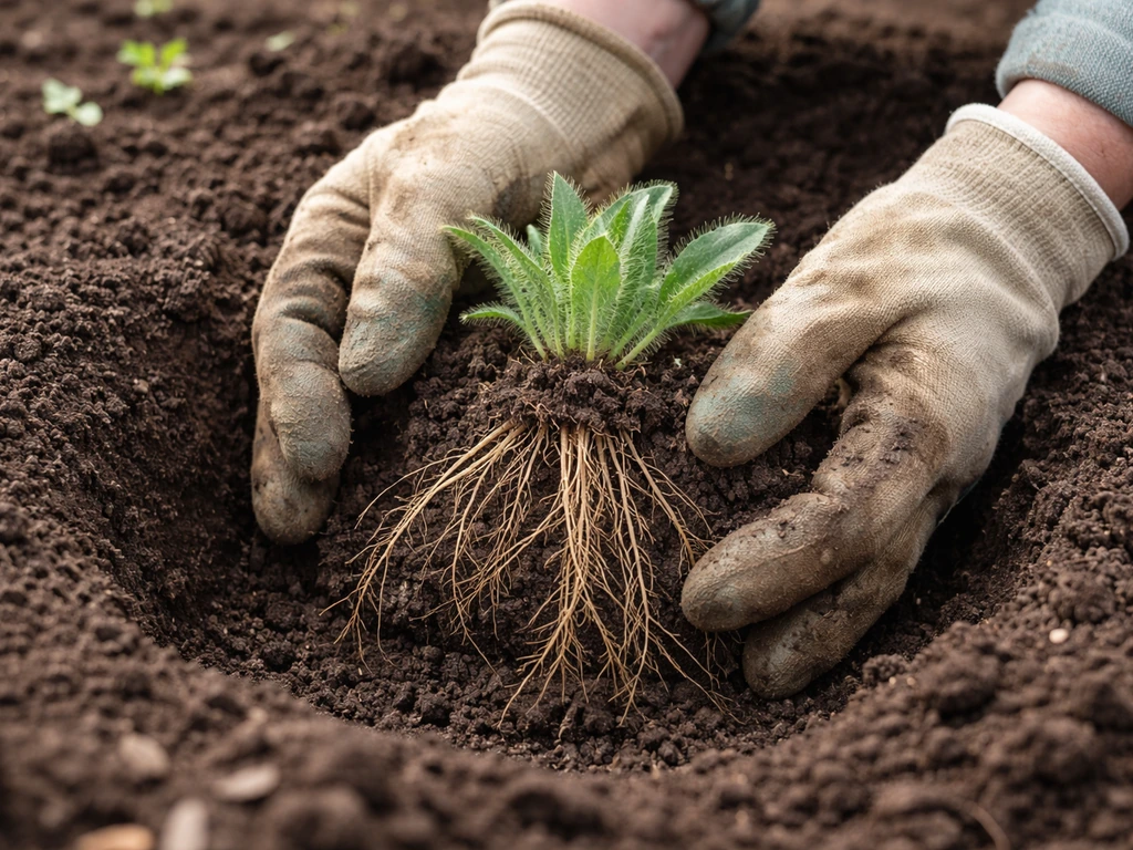 Gloved hands placing an oriental poppy bare-root division with the crown at soil level.