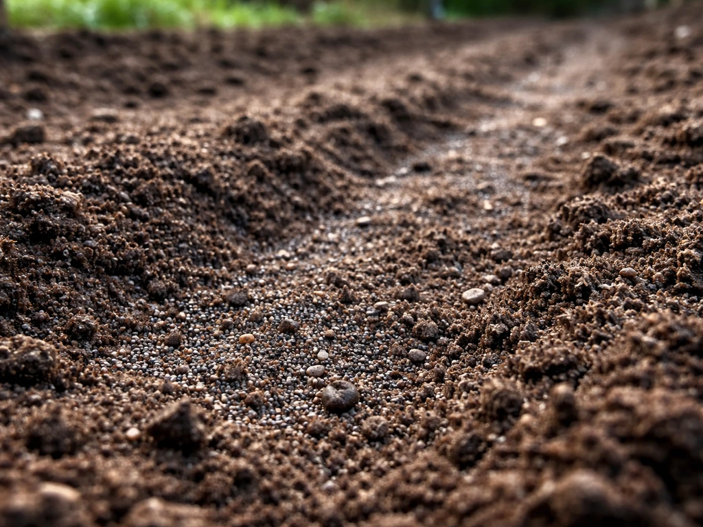 Close-up of shallowly sown poppy seeds on cool soil surface with a faint topsoil covering.
