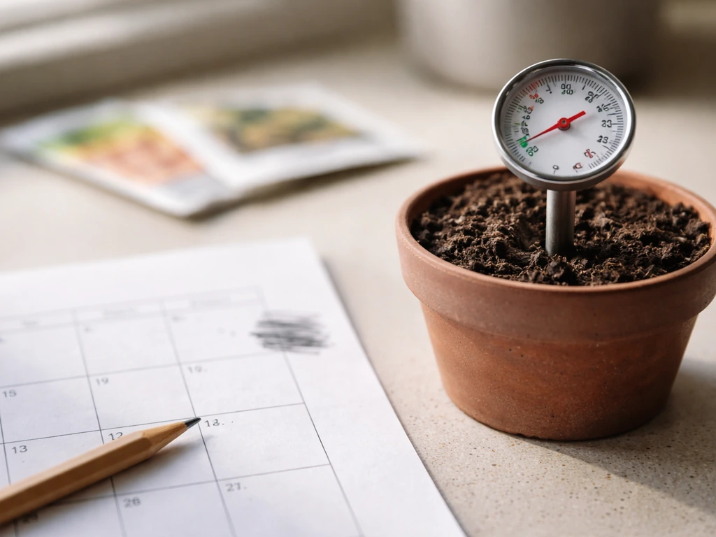 Close-up garden calendar page with frost-date note beside a soil thermometer and seed packets