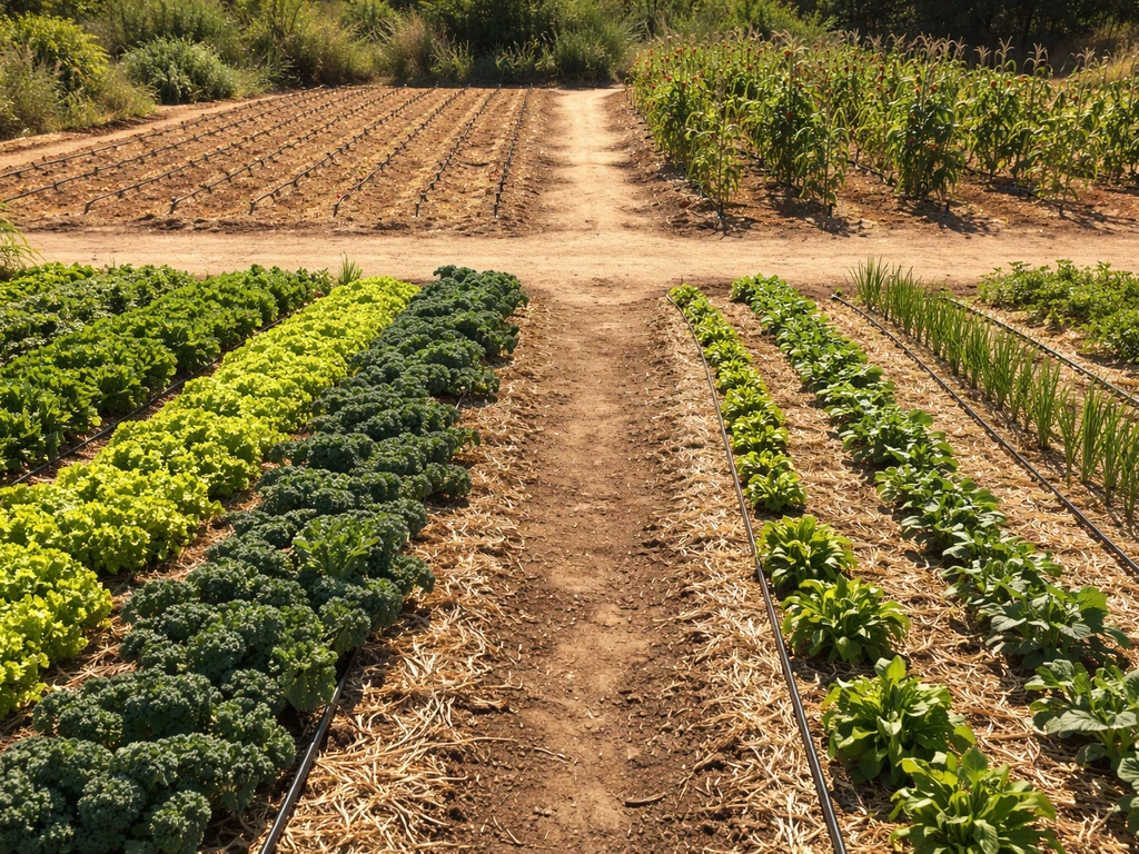 Two contrasting garden plots showing cool-season greens vs heat-tolerant crops under different sunlight.