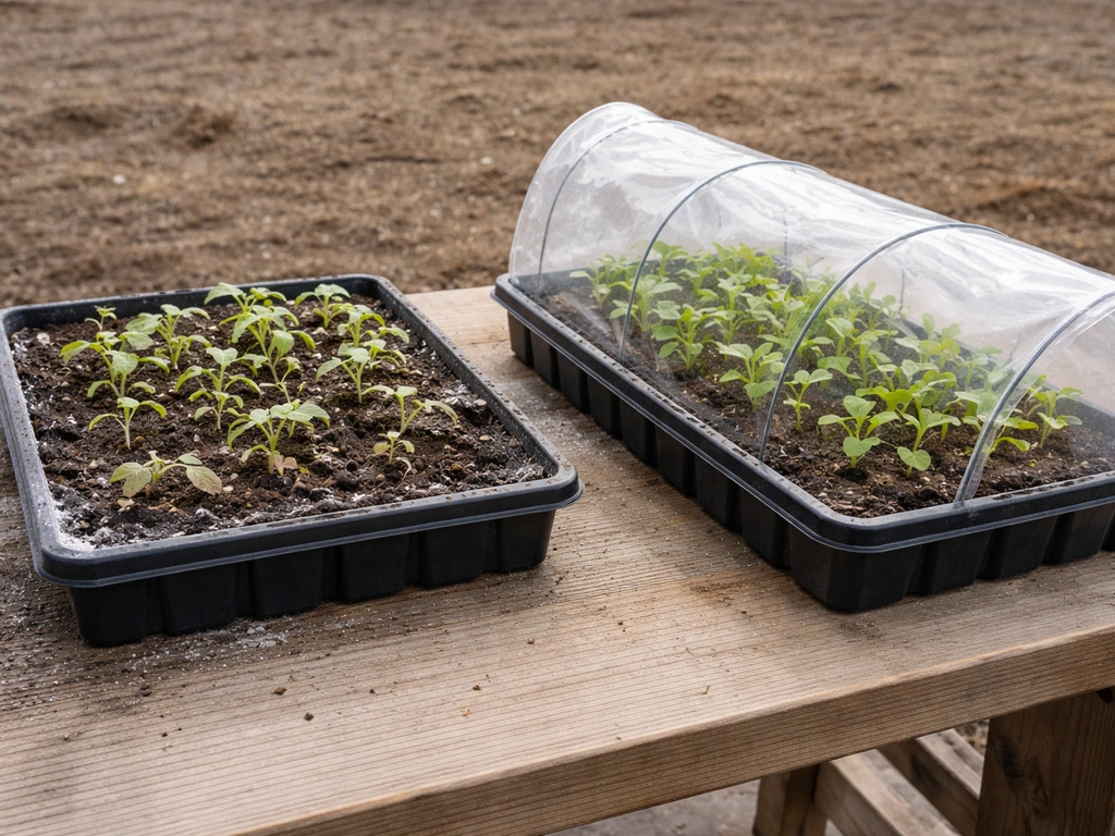 Side-by-side seedlings showing stunted growth in cold timing versus healthier growth with protection