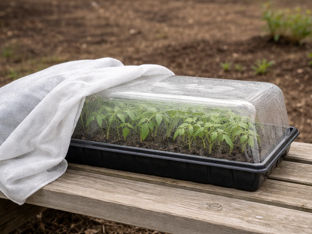 Green seedling tray under a clear row cover with a frost-protection blanket outdoors