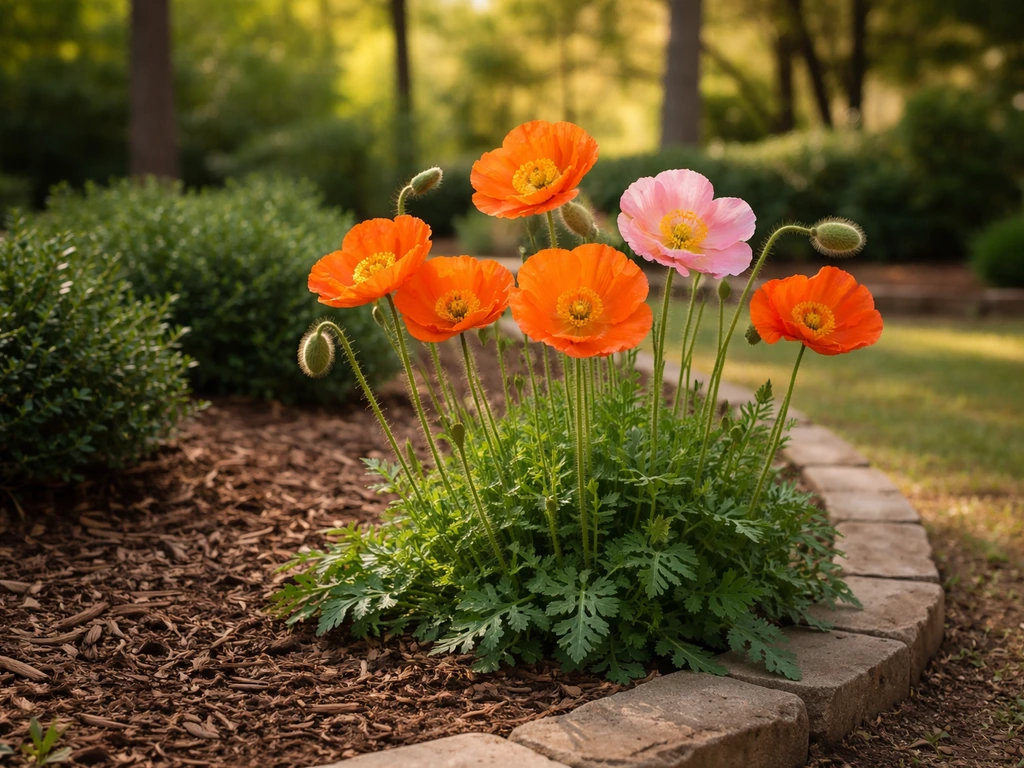Bright ornamental poppies blooming in a mulched garden bed in a sunlit Georgia backyard.