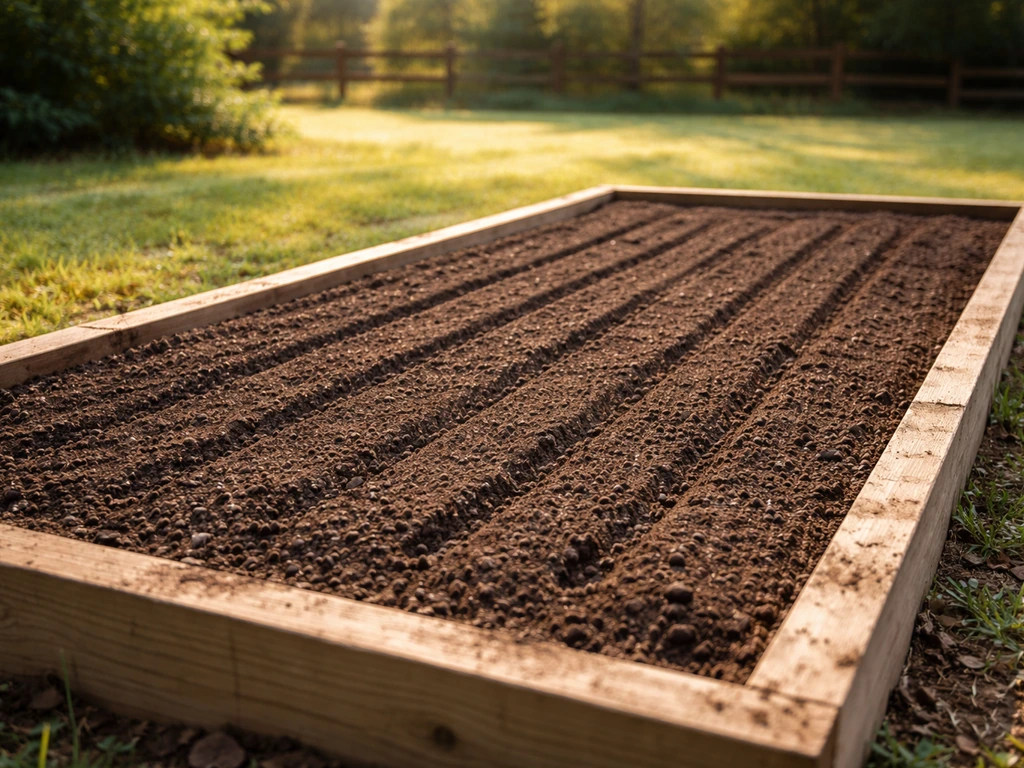 Sunlit raised garden bed with raked, well-drained soil and evenly spaced rows ready for sowing poppies.