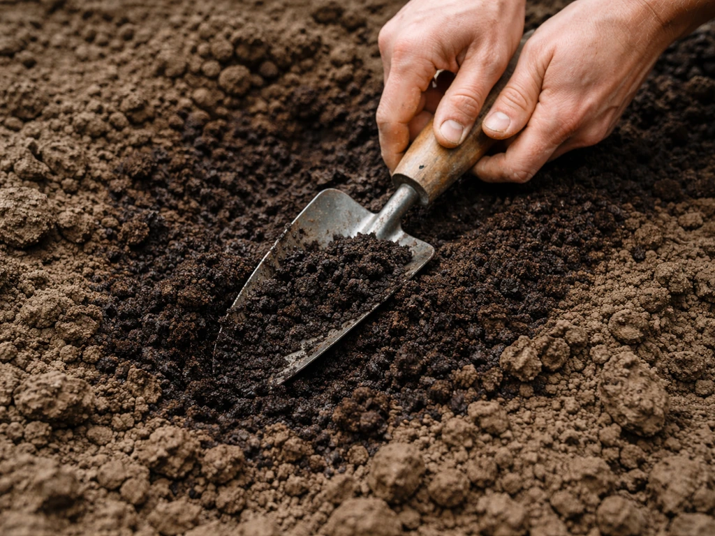 Hands mixing compost into heavy clay soil for well-drained poppy seedbed.