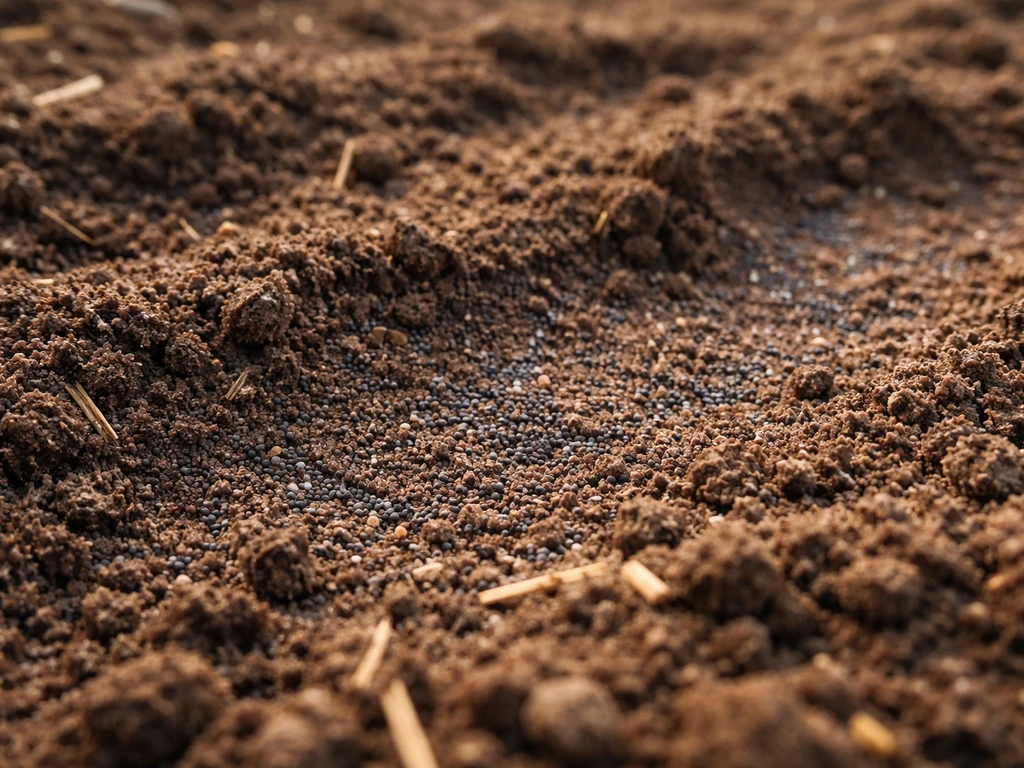 Hand-scattered bright poppy seeds lightly pressed into a prepared garden bed soil surface.