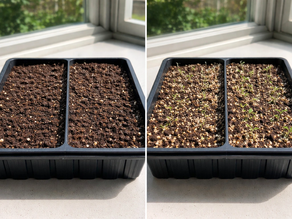 Split photo of deep/warm seedbed versus shallow/cool seedbed with sprouting results