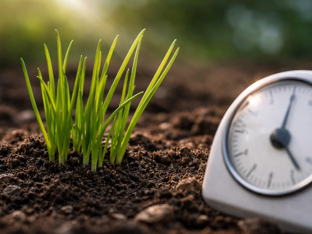 Close-up of onion leaves beside a small analog timer, with daylight light suggesting photoperiod.