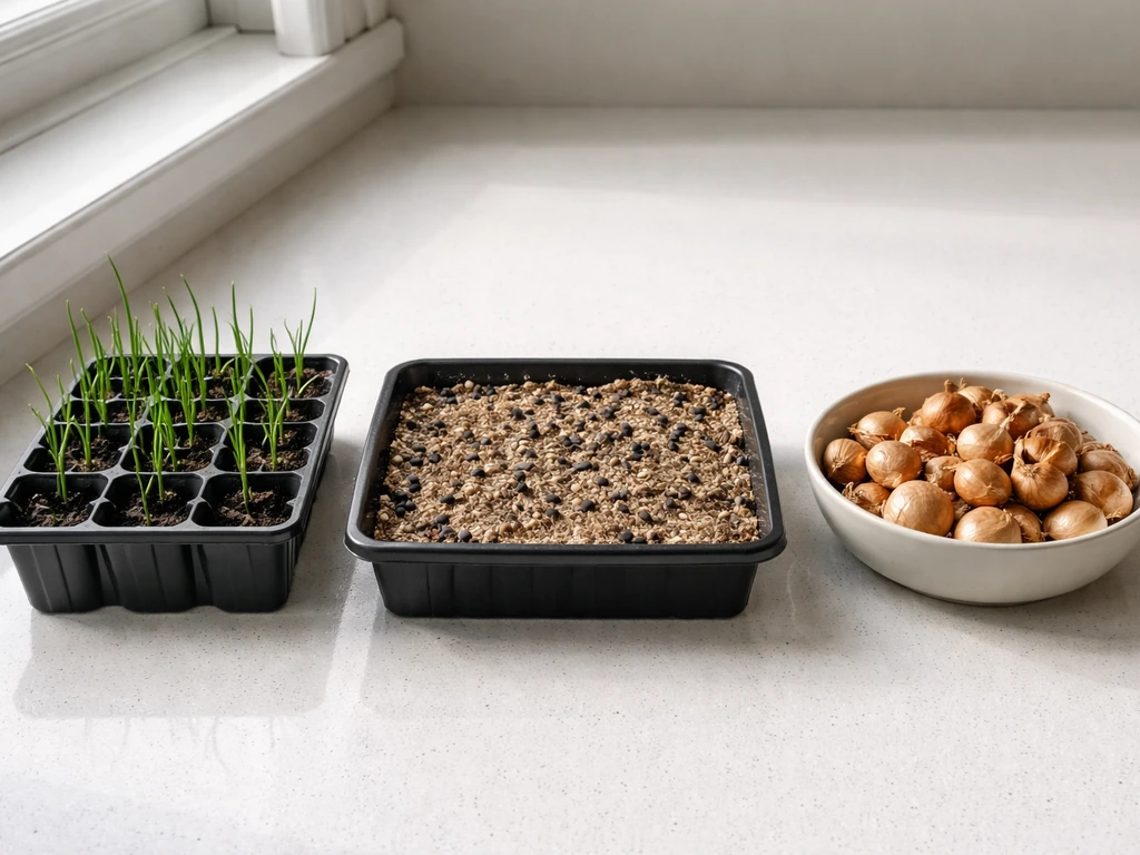 Three simple rows showing onion transplants in cells, seeds in tray, and dried onion sets.