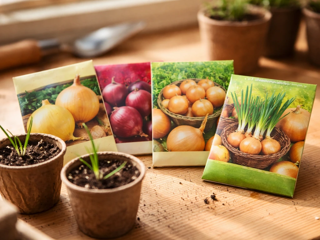 Onion seed packets and small short-day onion seedlings arranged on a wooden workbench.