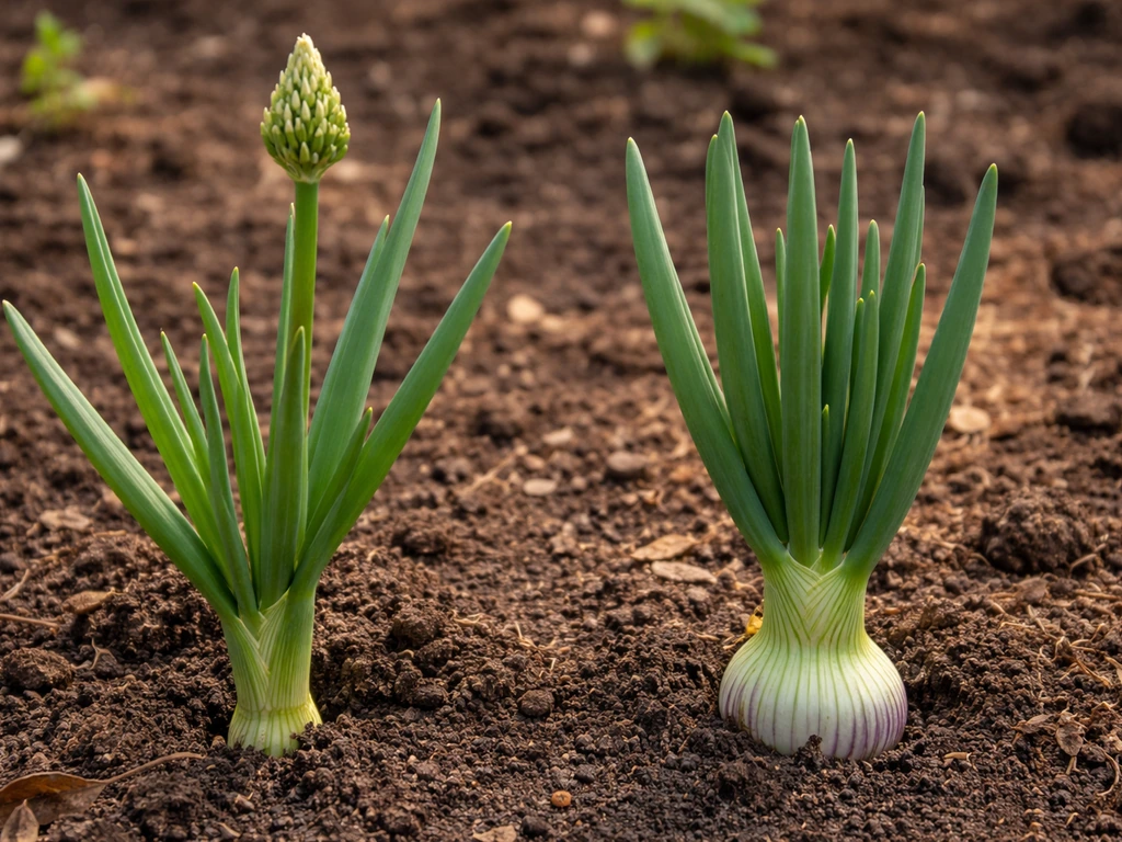 One short-day onion plant bolting with a flower stalk beside a healthy onion forming a tight bulb.