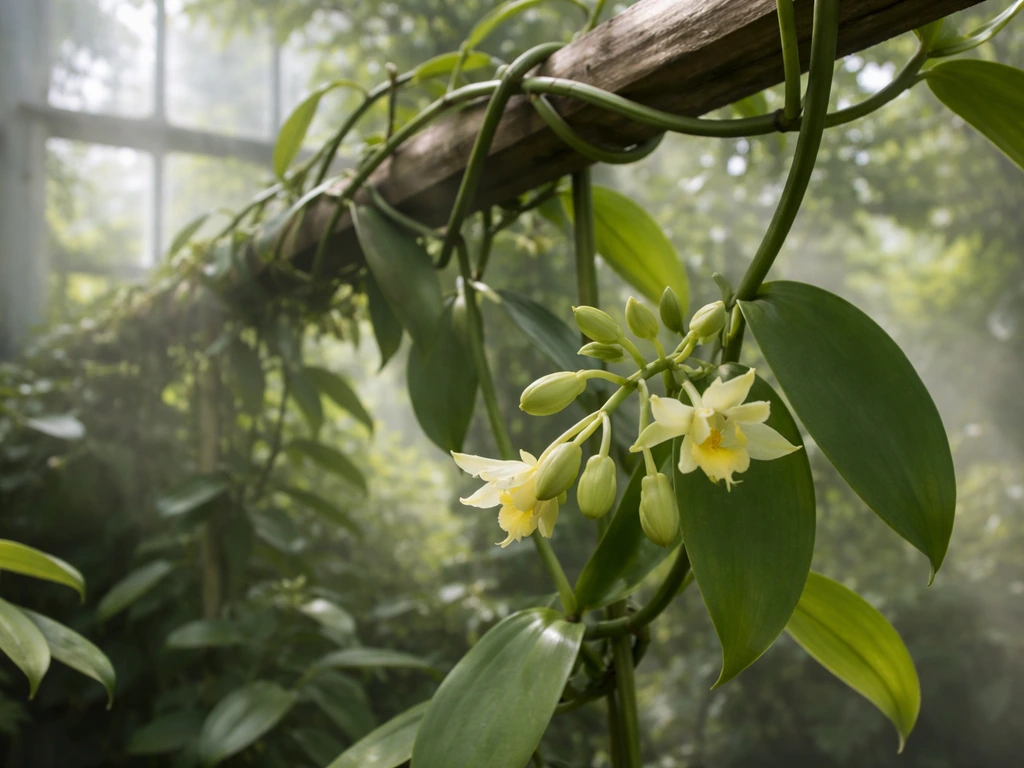 Vanilla orchid vine with hanging flower buds in a warm greenhouse setting