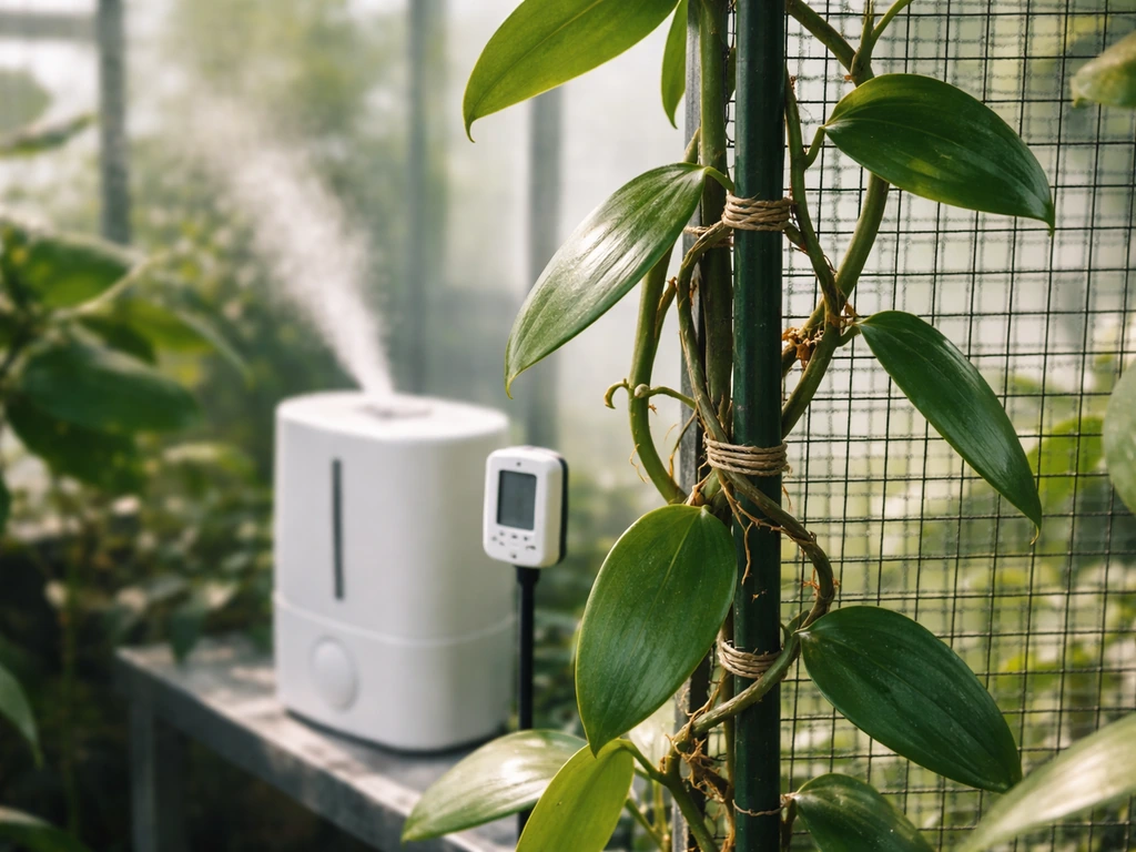 Close-up of a vanilla orchid vine in a greenhouse with humidifier and temperature control nearby