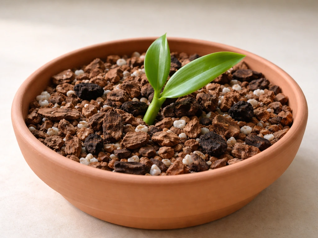 Shallow wide pot with airy bark-based growing medium for semi-epiphytic vanilla cuttings