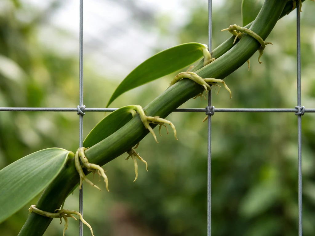 Close-up of vanilla vine trained on a wire trellis, aerial roots gently wrapped around the support