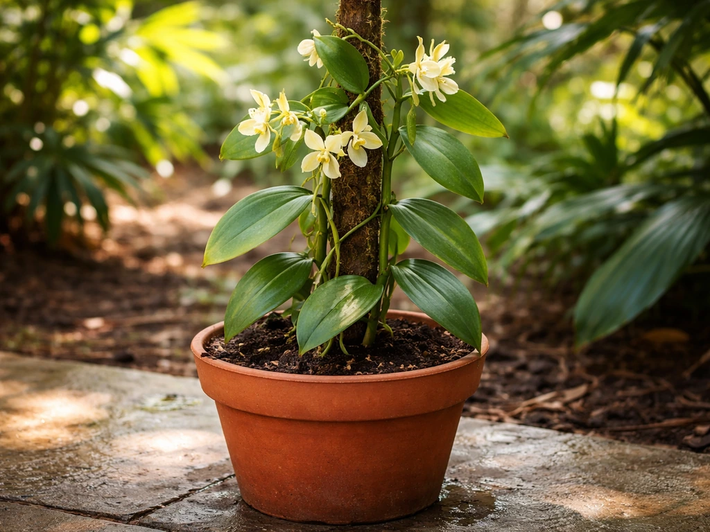 Potted vanilla orchid in warm outdoor shade with lush greenery, showing feasibility in tropical-like climate.