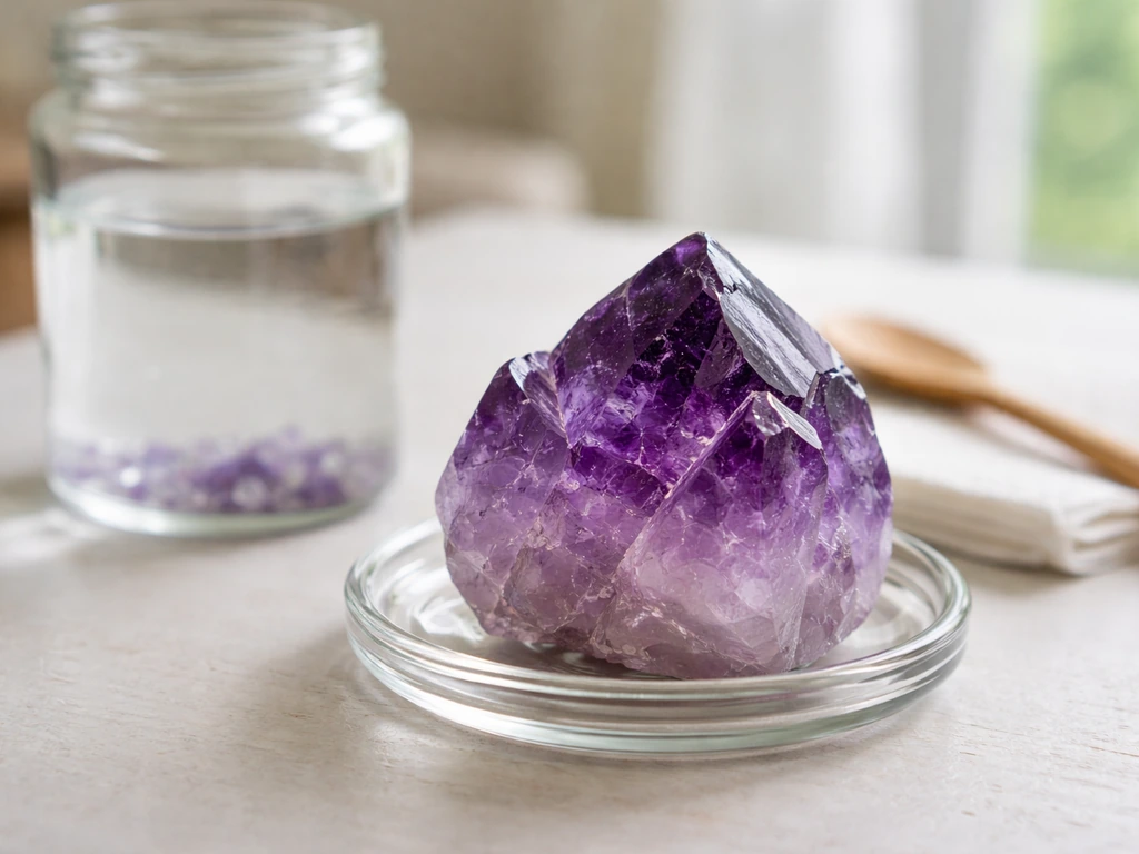 Purple amethyst crystal beside a small glass jar setup for growing crystals at home.
