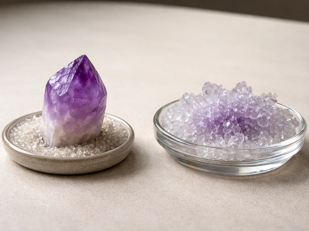 Side-by-side amethyst-like purple quartz and clear-to-purple alum salt crystals in a small dish.
