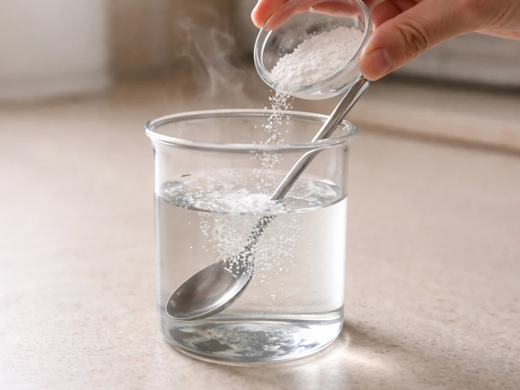 A glass beaker of warm water with stirred crystals as potassium alum dissolves on a simple lab counter.