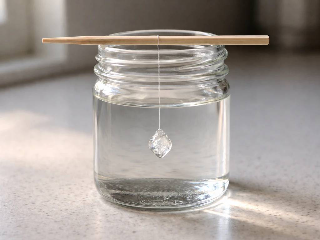 Grow jar setup with a seed crystal suspended on a thread from a chopstick across the jar.