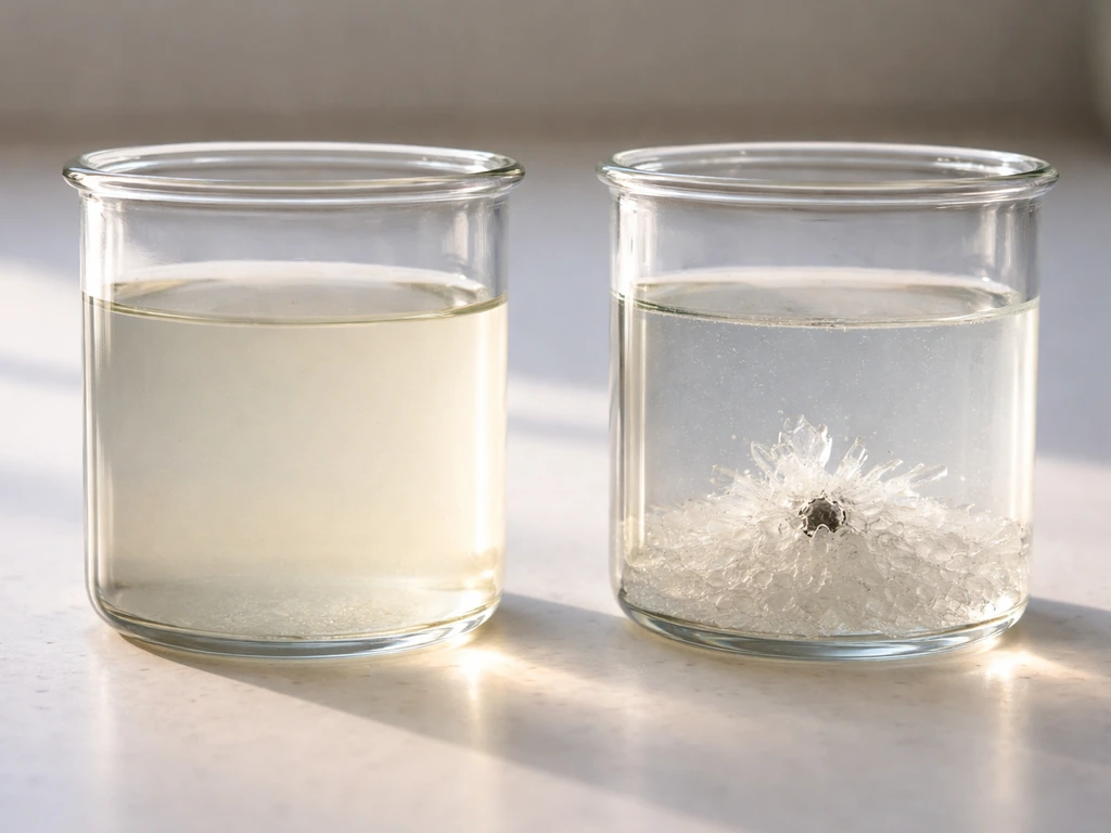 Two small glass jars side by side: one cloudy with no crystals, the other with visible crystals on a seed.