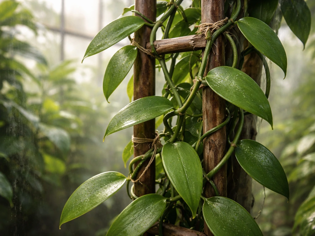Lush vanilla vine climbing a trellis inside a warm humid greenhouse with filtered light