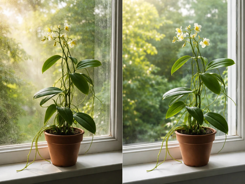 Potted vanilla orchid indoors with warm humid air vs a humid summer porch in Georgia/Tennessee heat