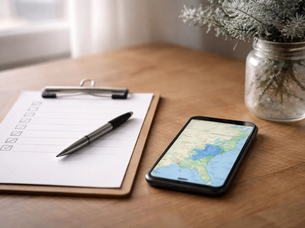 Minimal desk scene with a phone showing a blurred US climate map focused on Georgia weather context.